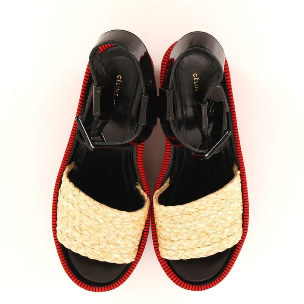 Celine Women's Ankle Strap Wedge Platform Sandals Straw and Patent - Picture 2 of 4